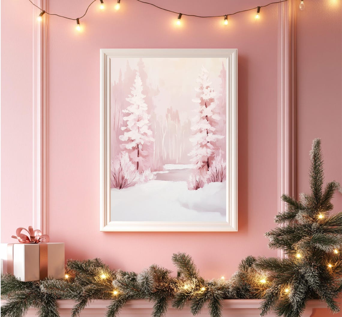 Blush Pink Winter Forest Snowy Pines Dreamy Holiday Scene Poster - Image 4