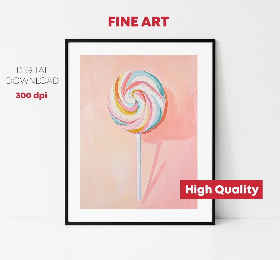 Rainbow Swirl Lollipop Pastel Pink Sweet Candy Kitchen Art Print - Image 2