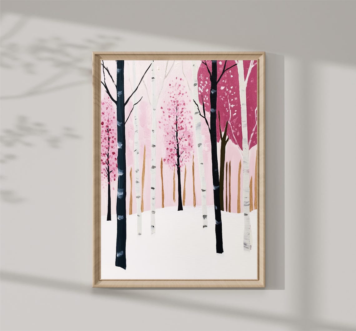 Pink Birch Forest In Snow Winter Wonderland Trees Pastel Print