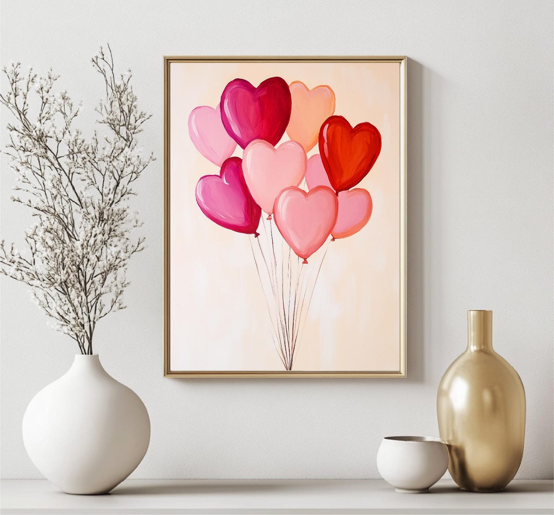 Heart Shaped Balloons Bunch Pink Red Valentine Love Wall Art - Image 4