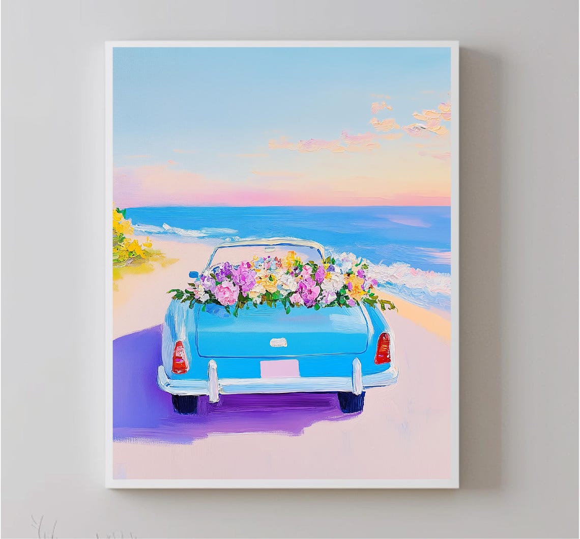 Vintage Blue Convertible Beach Sunset Flowers Trunk Road Trip Poster - Image 5