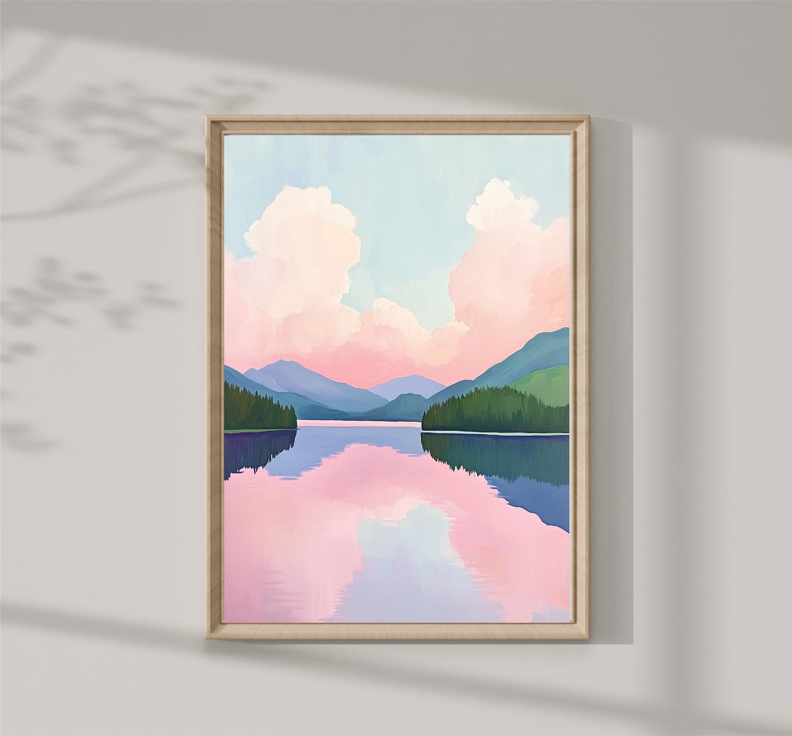 Pink Clouds Reflected In Mountain Lake Mirror Water Nature Print