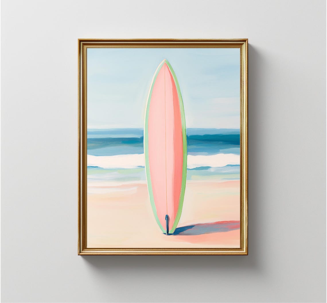 Pink Surfboard Sandy Beach Ocean Waves Retro Surf Summer Wall Art - Image 4