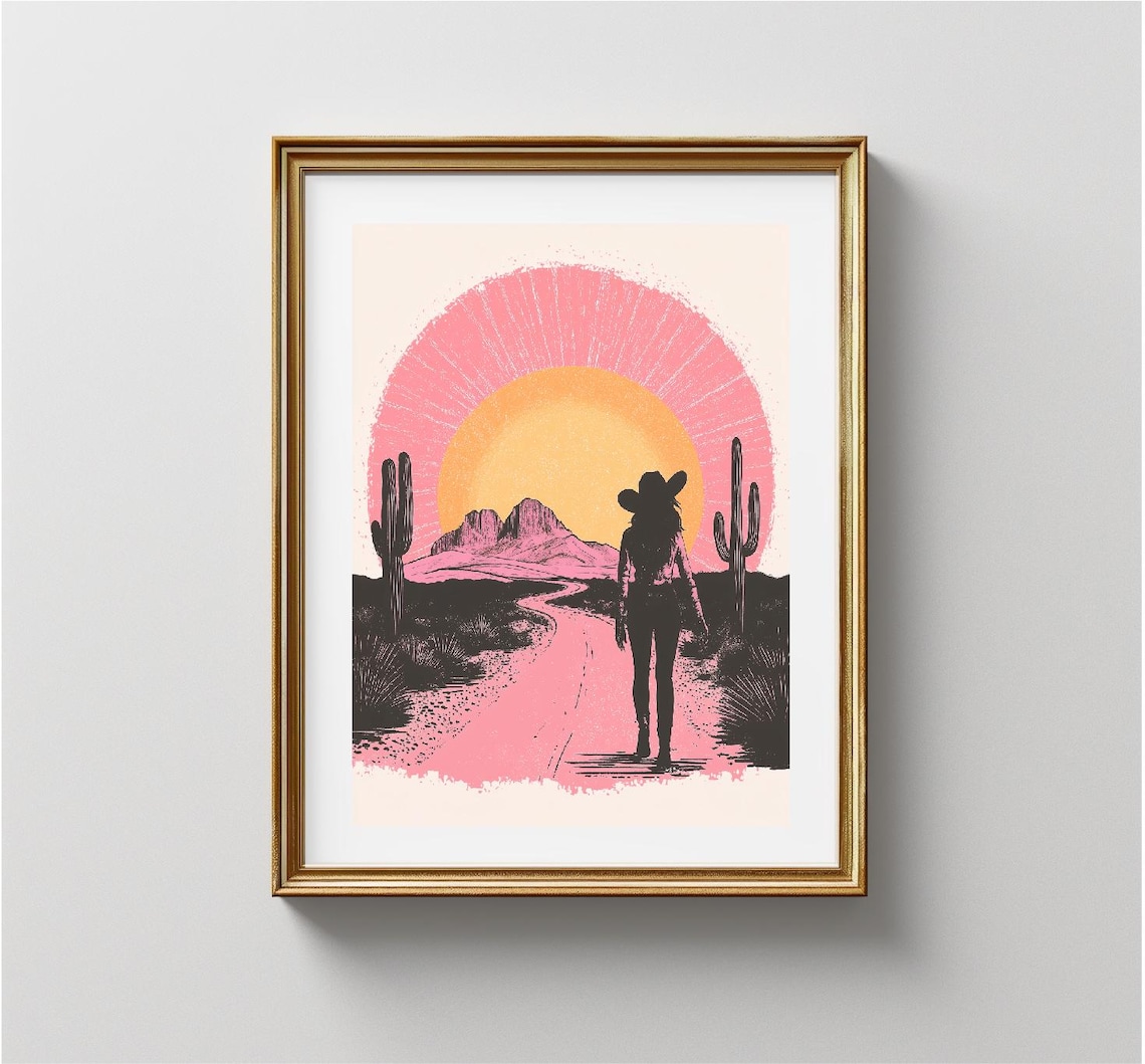 Cowgirl Silhouette Desert Sunset Cactus Pink Western Art Print - Image 3