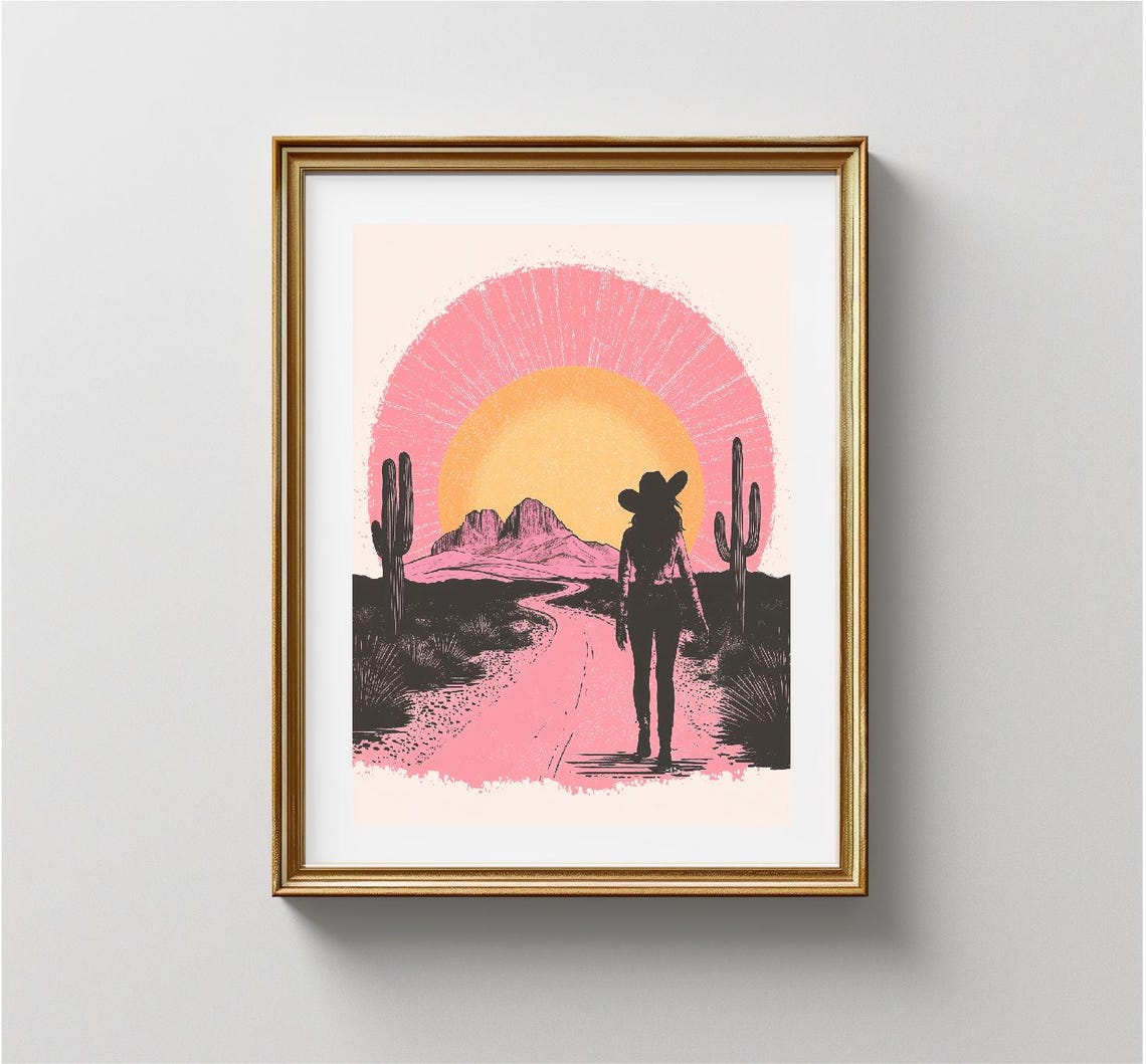 Trendy Illustration Of Colorful Cowgirl In Desert Landscape Cowgirl Prints Coquette Cowgirl Cow Girl Wall Art Trendy Decor - Image 3