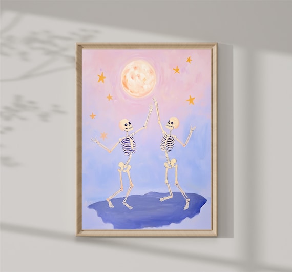 Dancing Skeletons Under Full Moon Pink Pastel Halloween Print