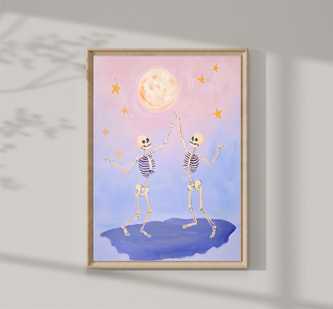 Dancing Skeletons Under Full Moon Pink Pastel Halloween Print