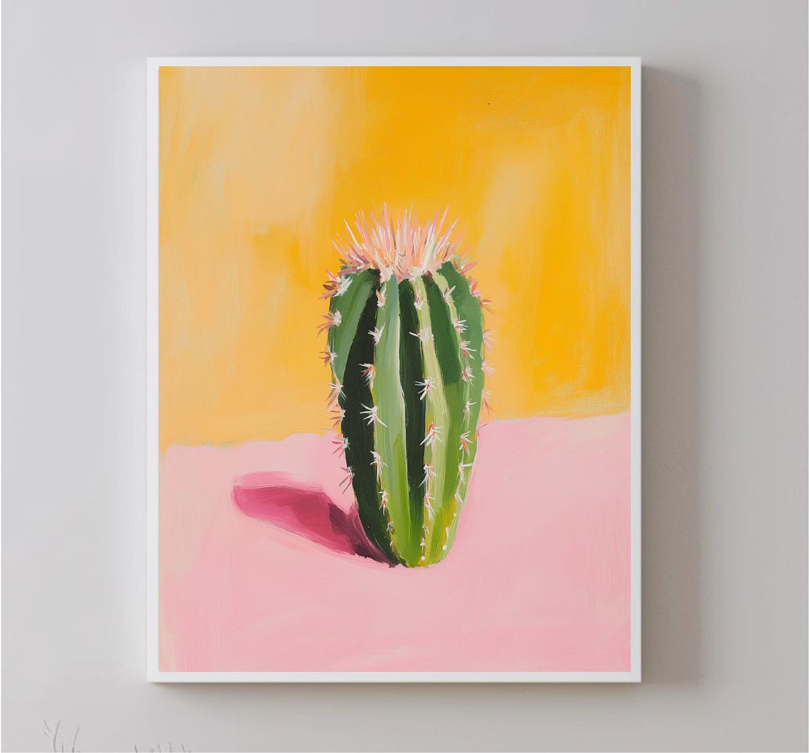 Green Cactus On Pink Surface Pop Art Yellow Background Wall Poster