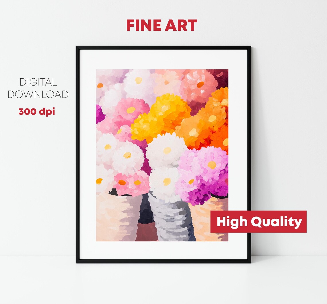 Colorful Daisy Bouquet Painting Pink White Yellow Floral Art Poster - Image 2