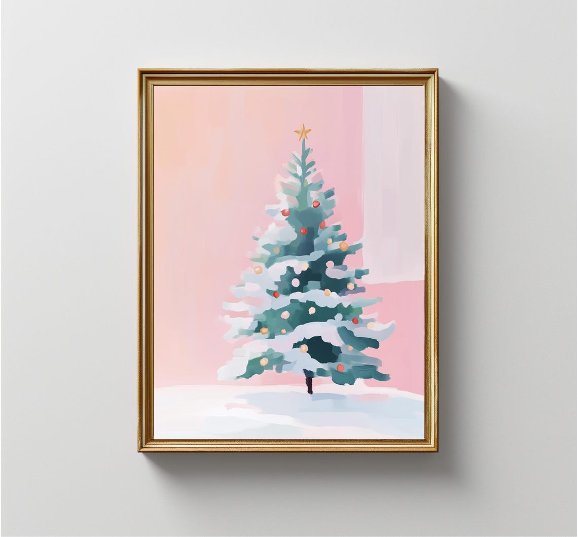 Snowy Christmas Tree Ornaments Pink Background Holiday Art Print - Image 4