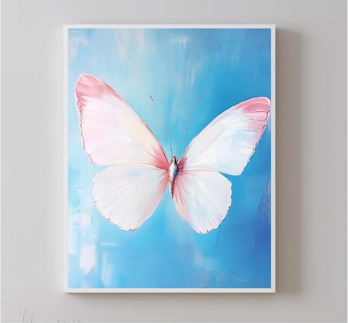 Pink And White Butterfly On Blue Background Nature Art Poster