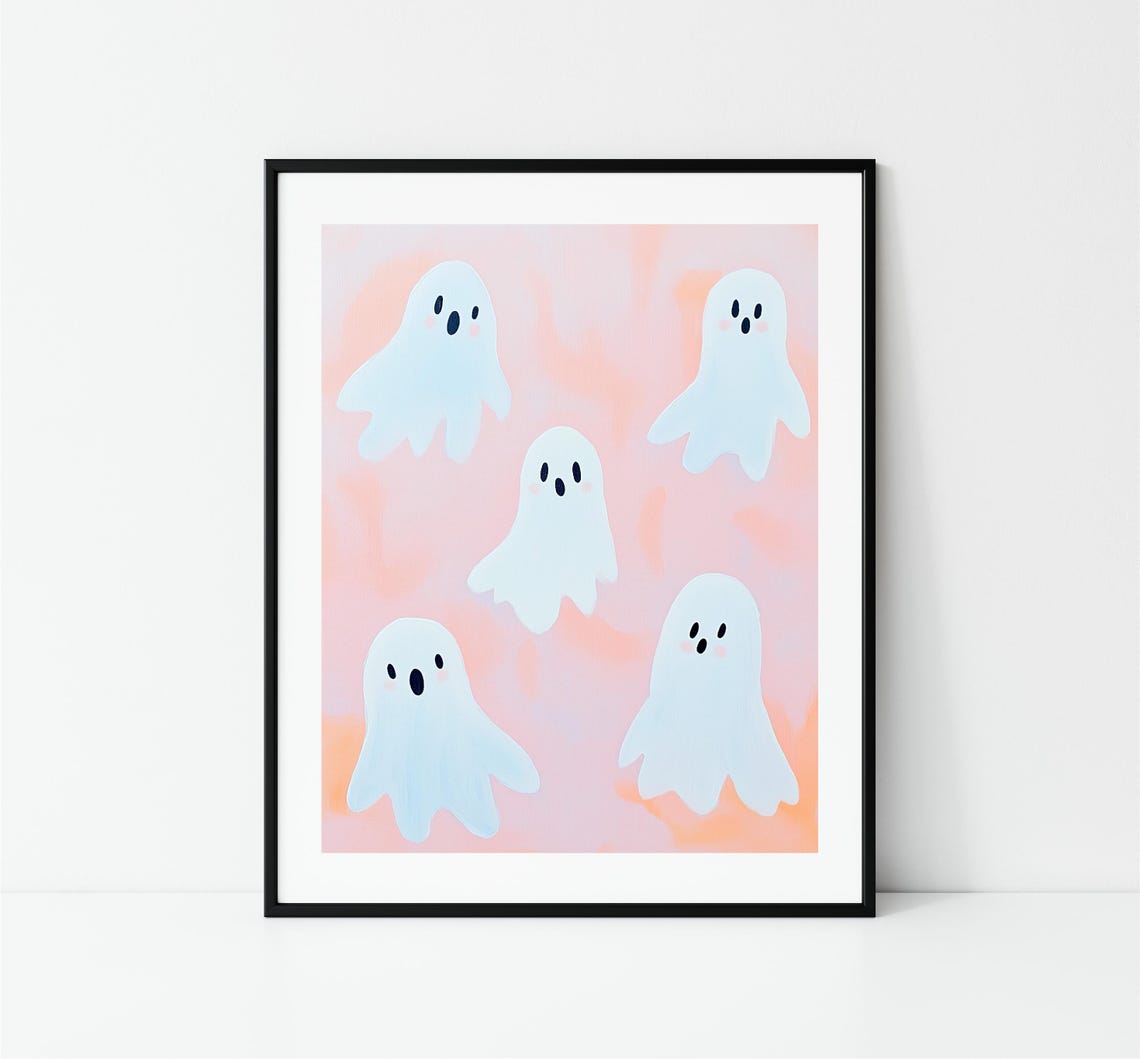 Cute White Ghosts Pink Pastel Halloween Party Kids Art Poster - Image 3
