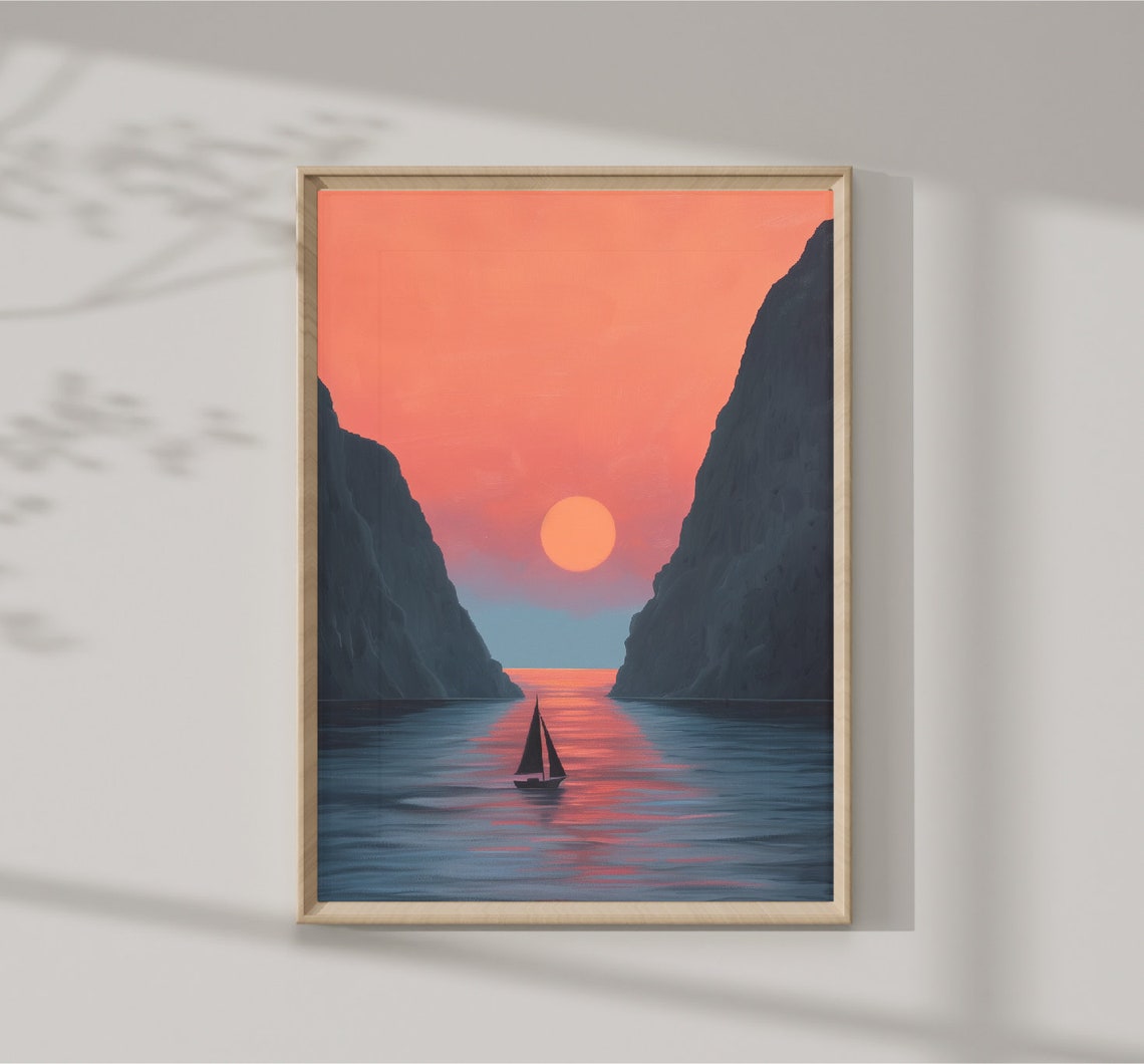 Sailboat Sailing Into Sunset Between Cliffs Coastal Travel Poster