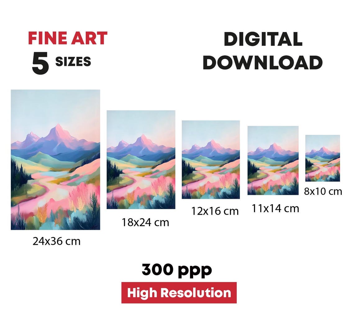 Pastel Mountain Valley Pink Peaks Winding Meadow Path Art Print - Image 4