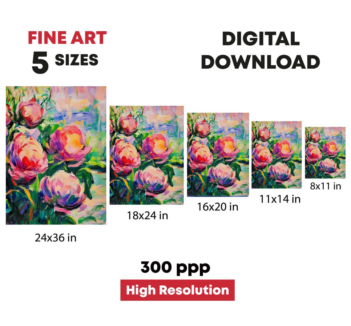 Vibrant Pink Peony Blossoms Impressionist Floral Garden Poster - Image 4