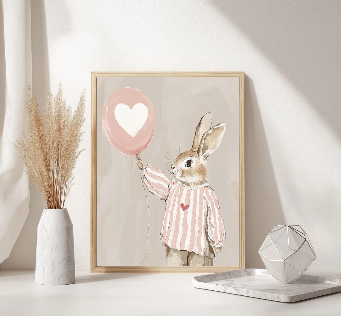 Bunny Rabbit Holding Pink Heart Balloon Watercolor Kids Wall Art - Image 6