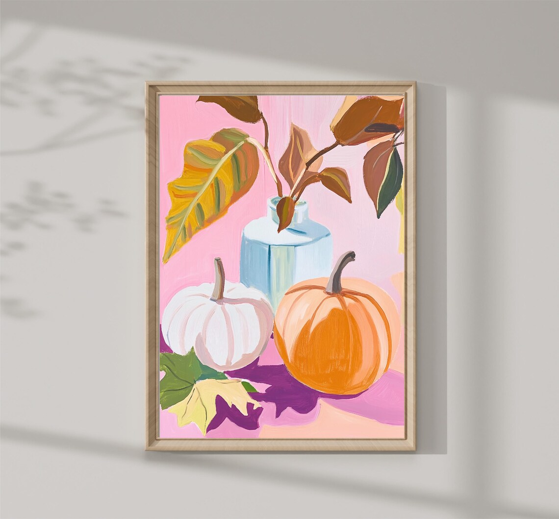 Pink Pumpkins Still Life With Vase Fall Leaves Autumn Harvest Art Print