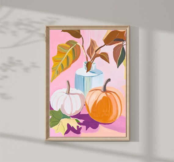 Pink Pumpkins Still Life With Vase Fall Leaves Autumn Harvest Art Print