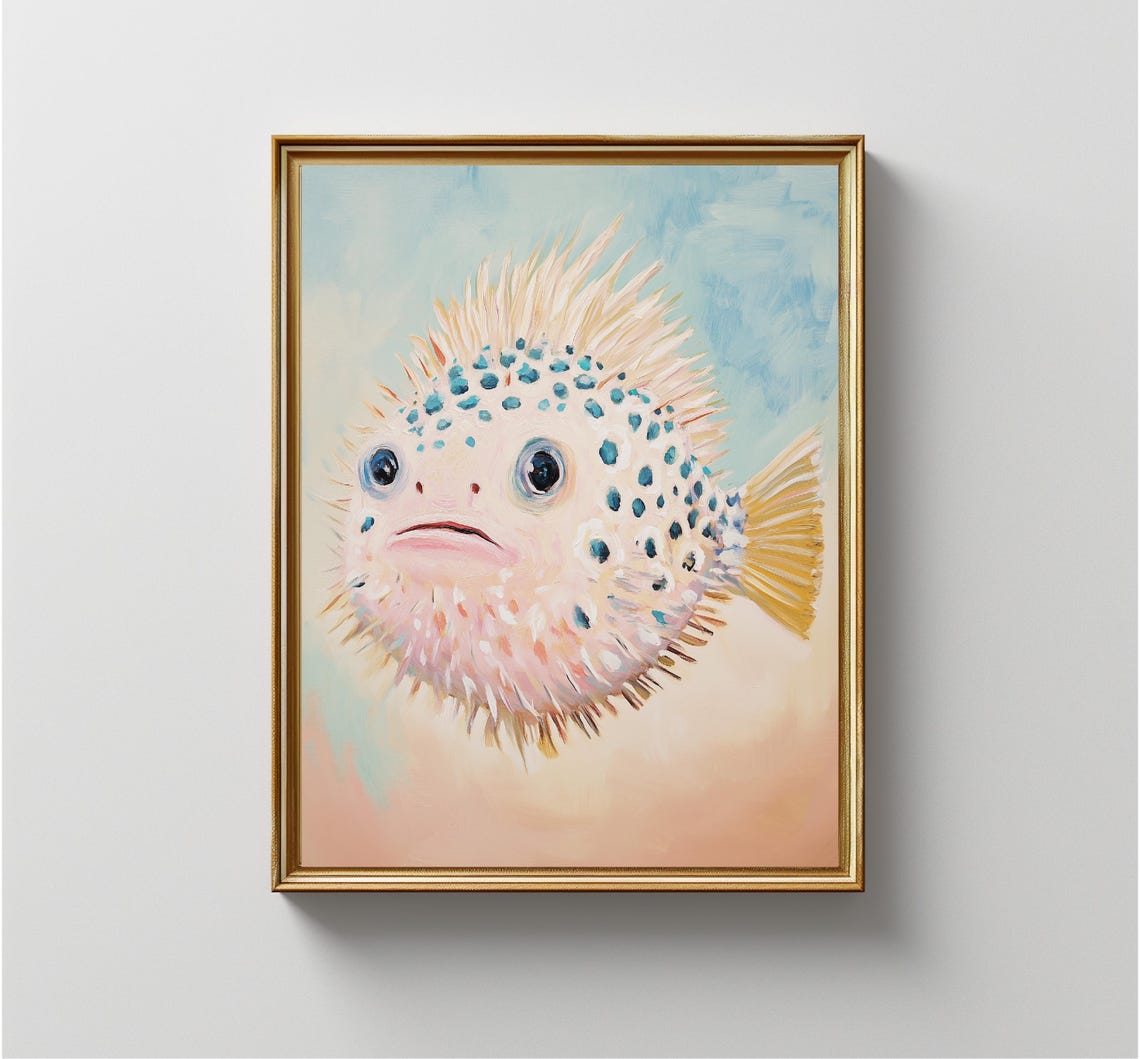 Cute Spotted Pufferfish Portrait Pastel Watercolor Nursery Art Print - Image 3