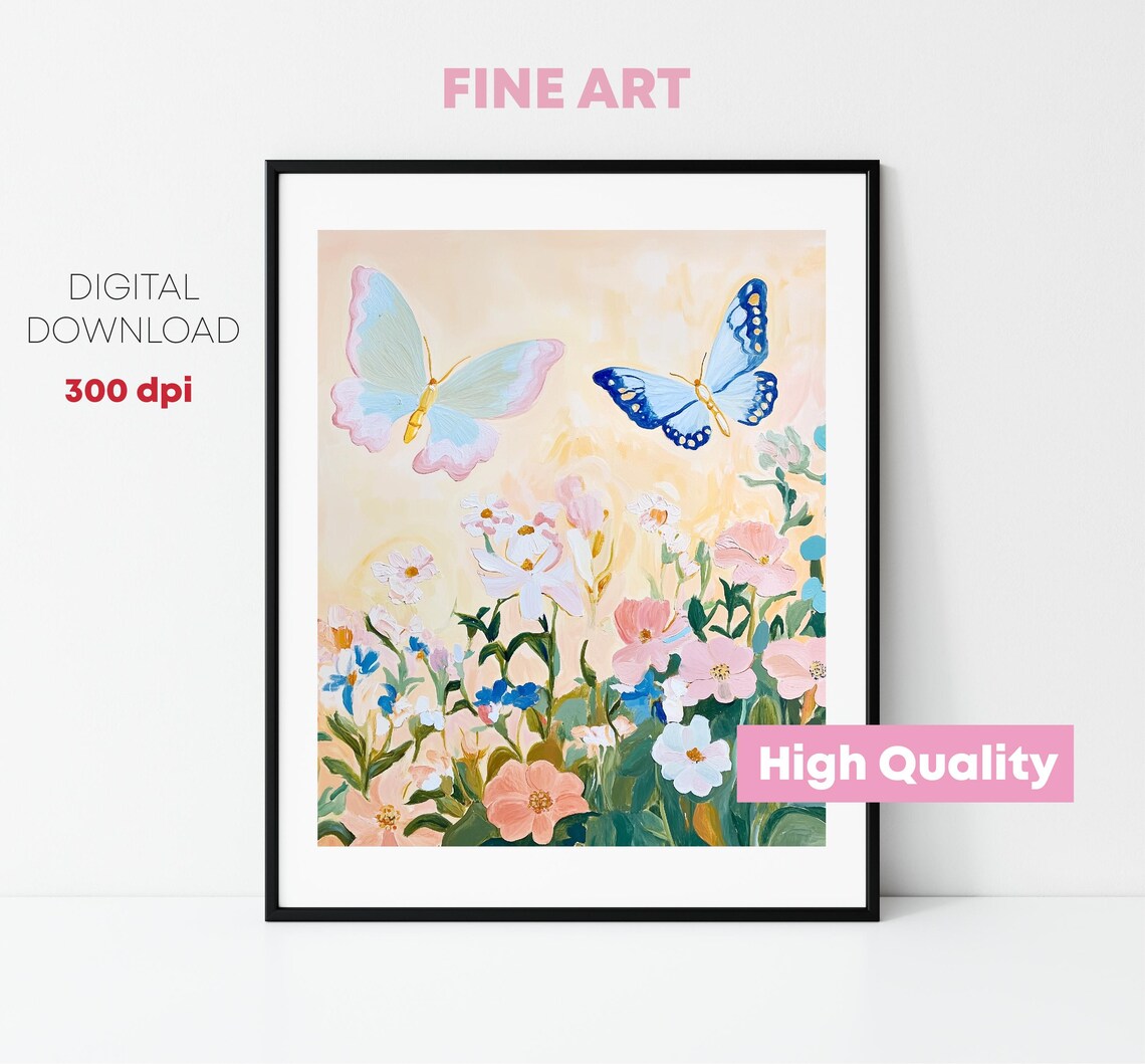 Butterflies Wildflower Meadow Pink Blue Blooms Garden Art Poster - Image 4