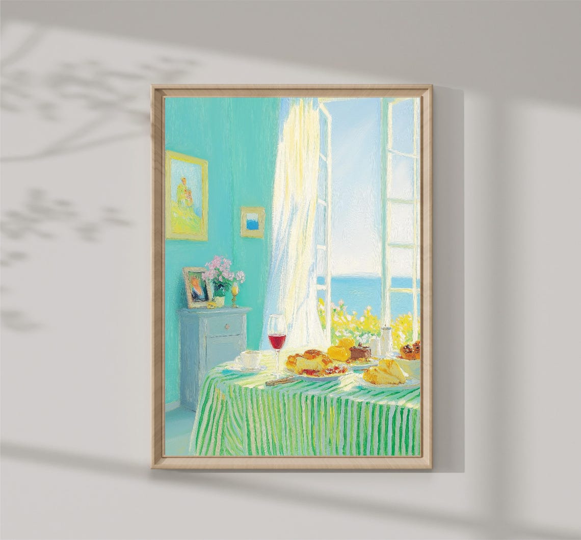 Turquoise Dining Room Sea View Window Sunny Breakfast Table Poster
