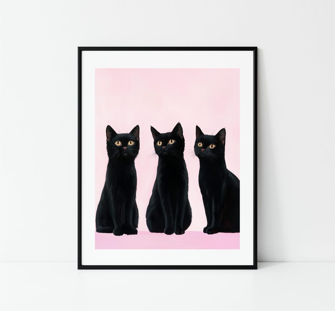 Three Black Cats Pink Background Golden Eyes Modern Cat Print - Image 3