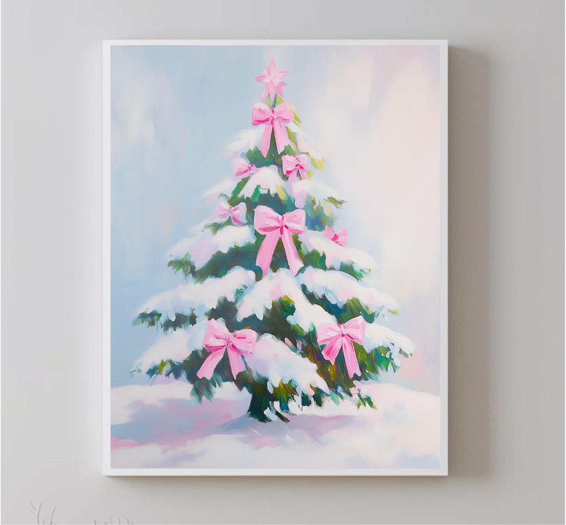 Snowy Christmas Tree Pink Bows Winter Holiday Elegance Art Poster