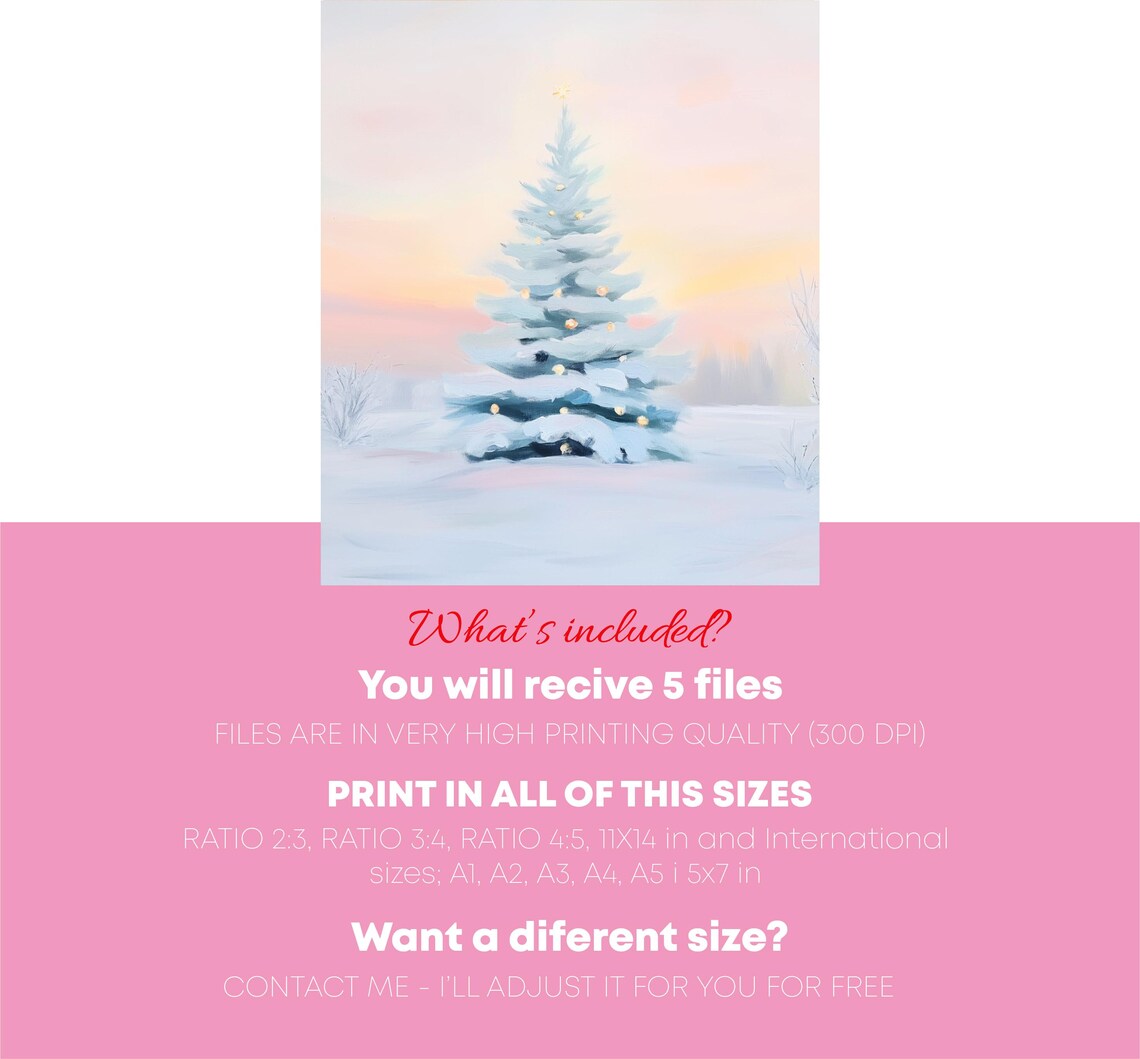 Pink Christmas Tree With Golden Lights In Snow Pastel Art Poster - Image 4