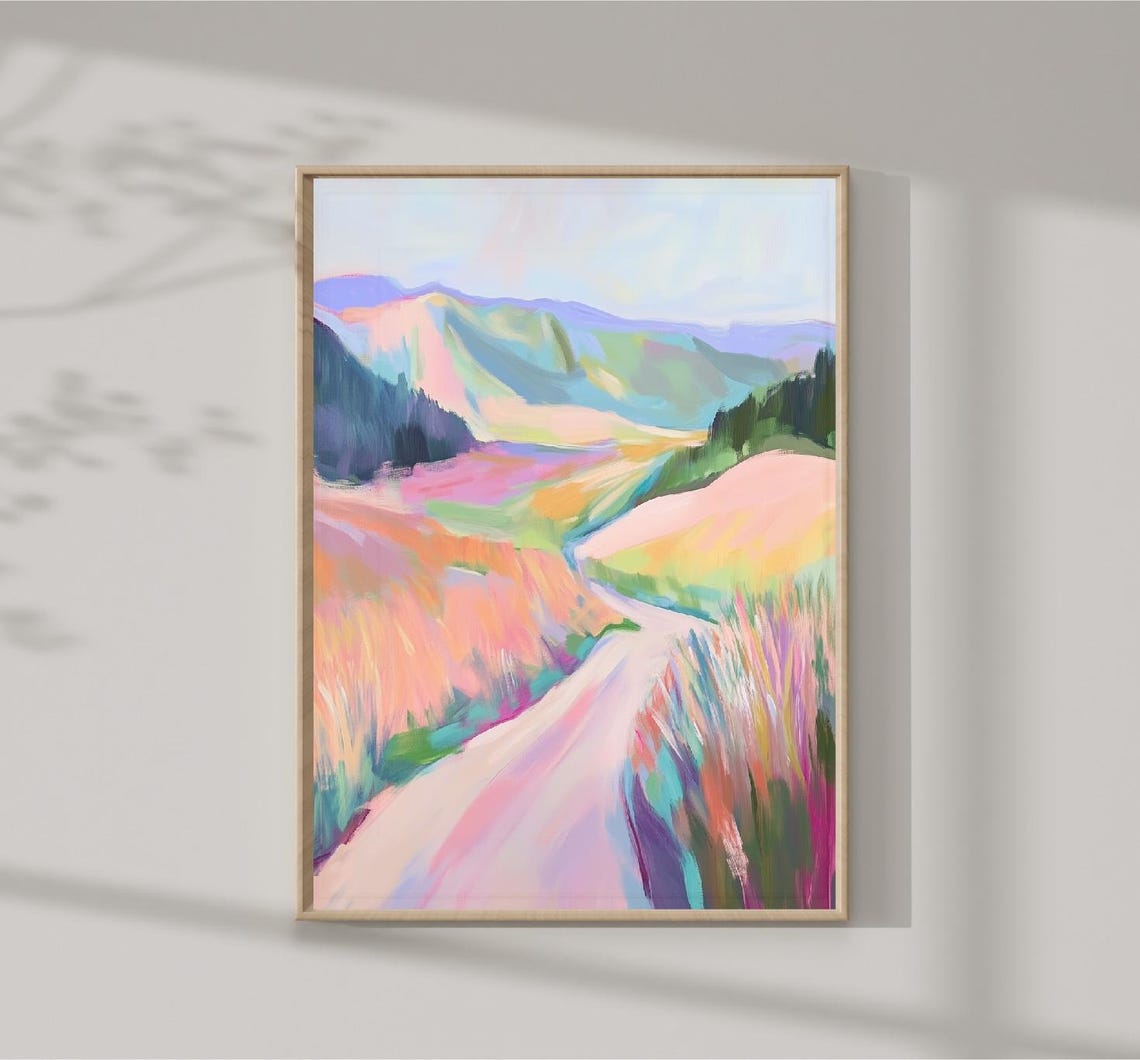 Winding Pastel Road Through Colorful Mountain Valley Art Print