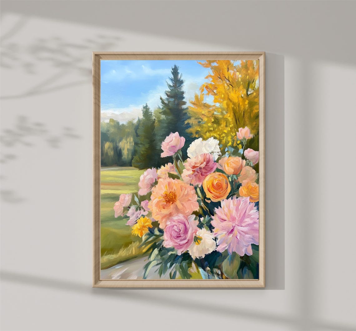 Orange Pink Dahlia Bouquet Autumn Trees Blue Sky Floral Art Print