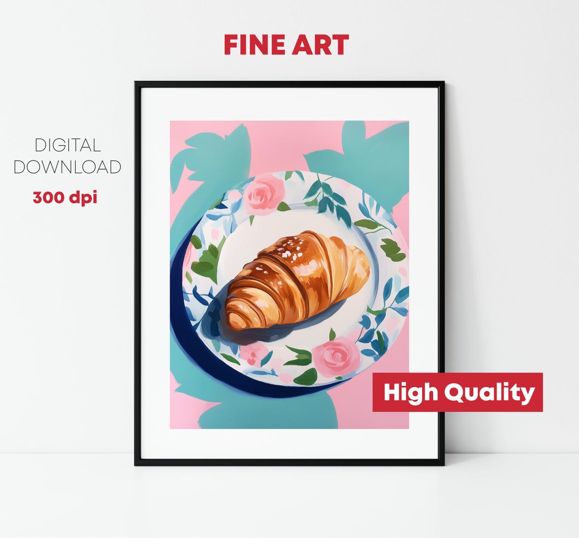 Golden Croissant Floral Plate French Breakfast Pink Pop Wall Art - Image 2