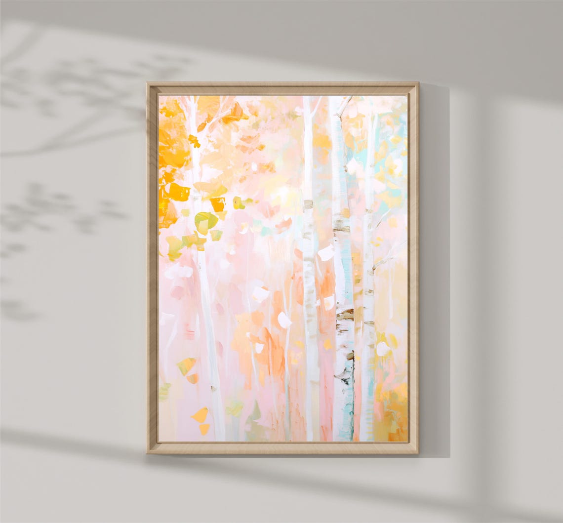 Soft Pastel Birch Tree Golden Leaves Spring Abstract Art Poster