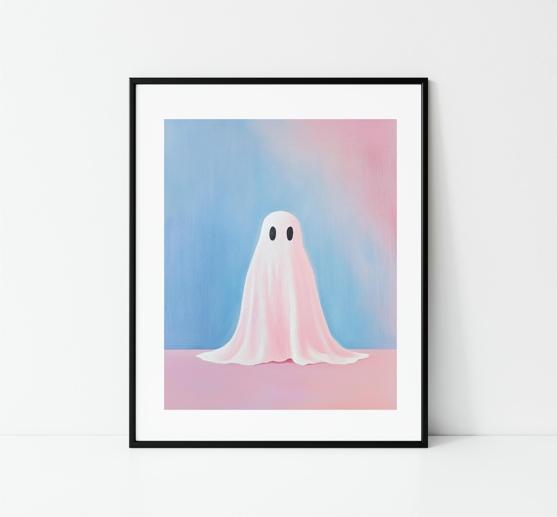 Cute Little Ghost Pastel Pink Blue Halloween Nursery Girls Room Print - Image 3