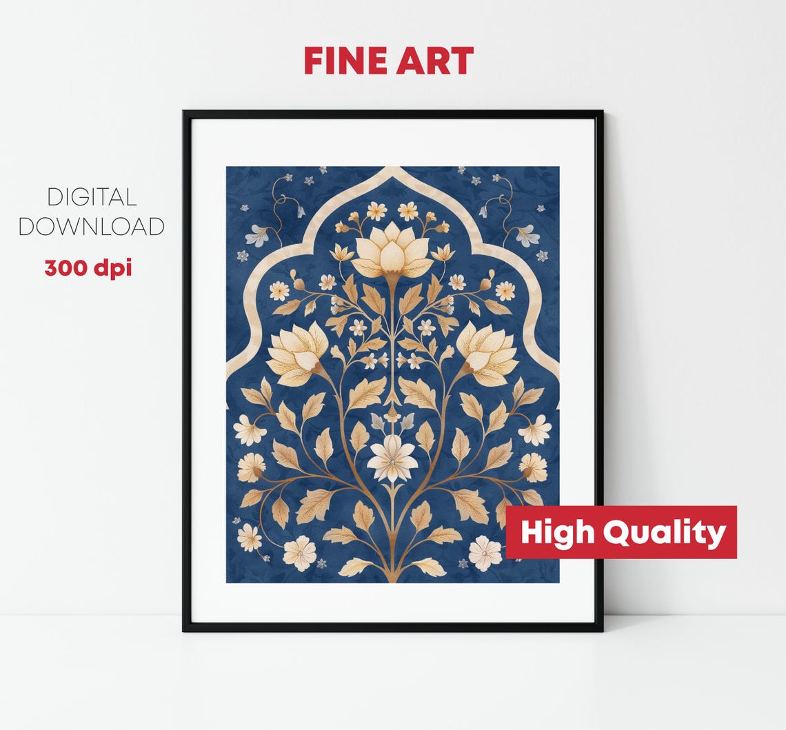 Navy Blue Gold Indian Floral Arch Pattern Traditional Poster - Image 2