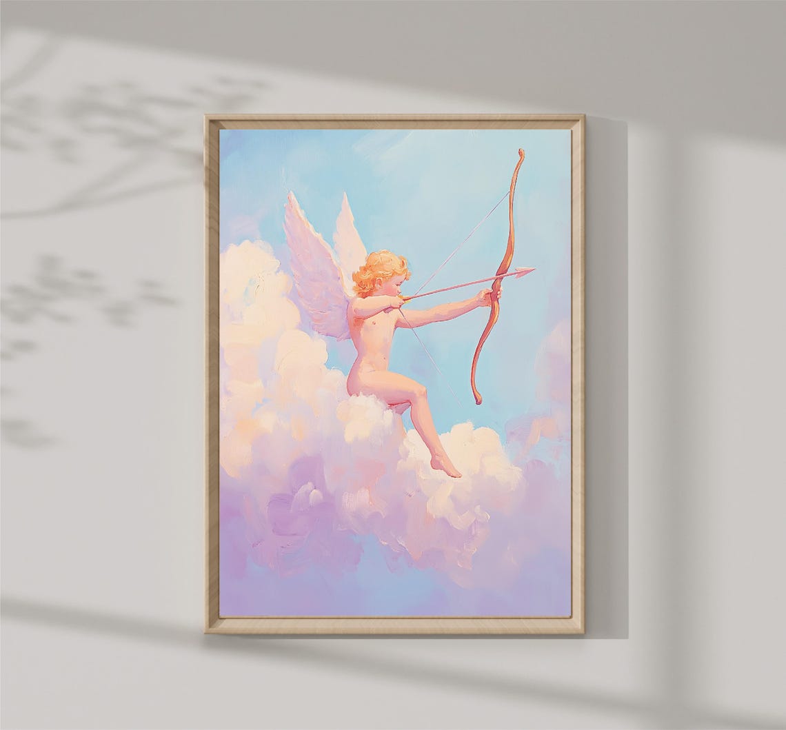 Cupid Drawing Bow On Dreamy Pastel Clouds Romantic Angel Wall Art - Image 2