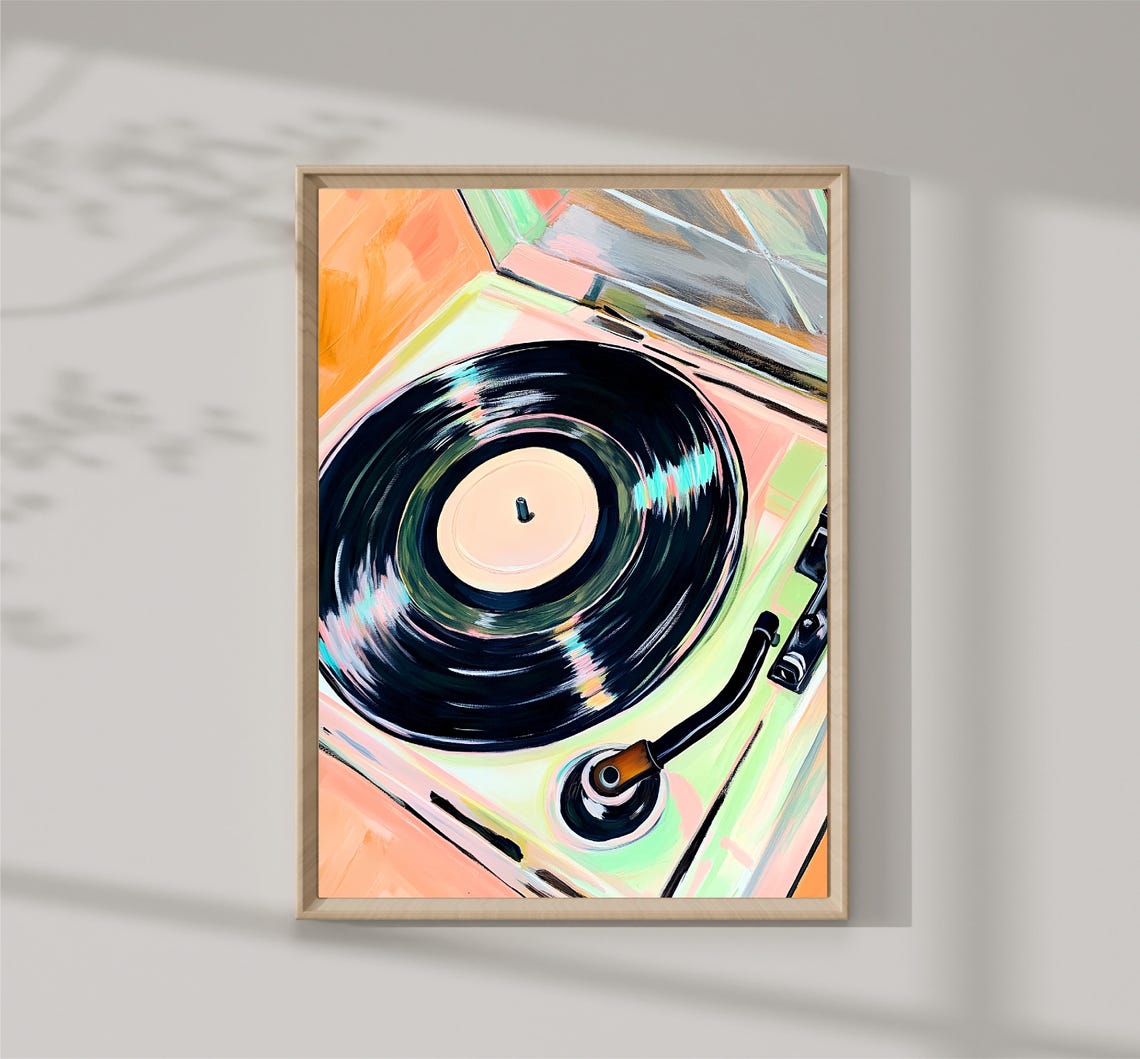 Vinyl Record Player Spinning LP Pastel Retro Music Wall Art Print