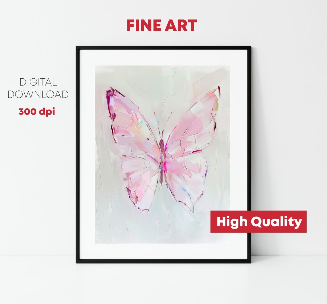 Pink Butterfly Pastel Impressionist Wings Soft Abstract Wall Art Print - Image 2