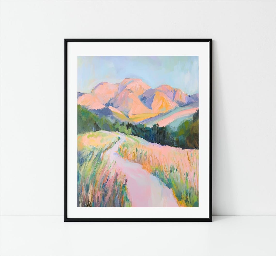 Pink Mountain Peaks Grassy Meadow Path Pastel Landscape Art Print - Image 2