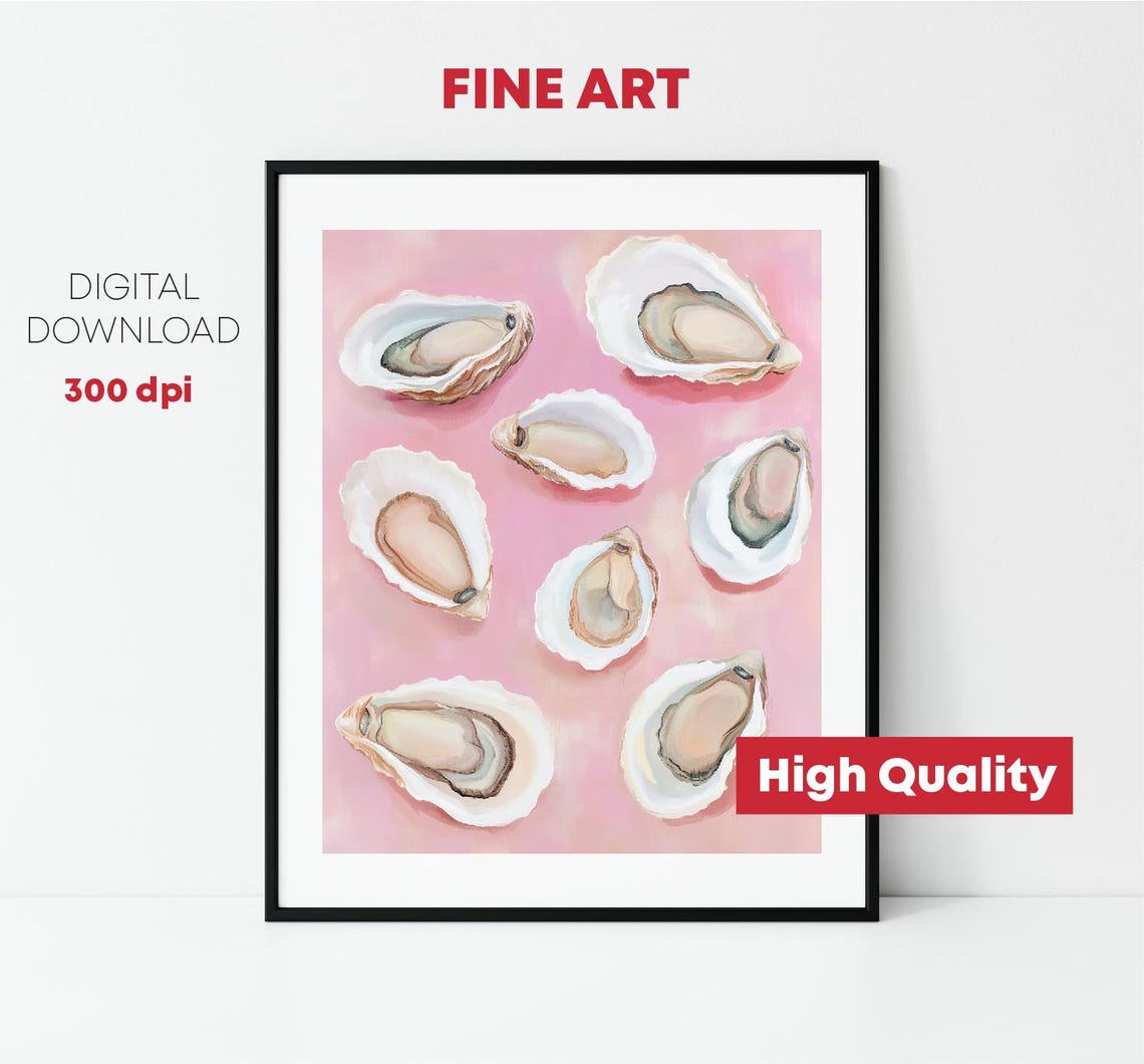 Oyster Shells On Pink Background Coastal Kitchen Art Painting Print - Image 2