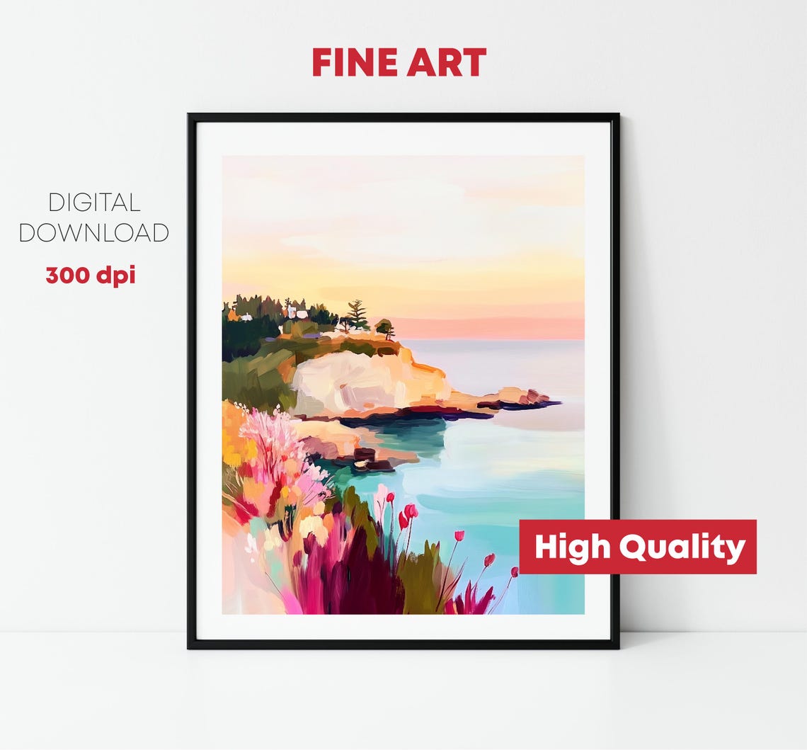 Coastal Cliff Sunset Pastel Ocean Flowers Seaside Landscape Poster - Image 2