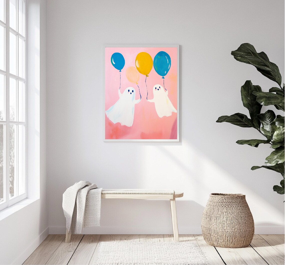 Cute Pink Ghosts Holding Balloons Pastel Halloween Party Wall Art Print - Image 2