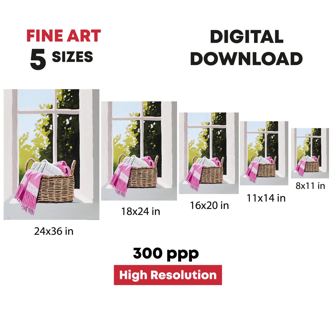 Wicker Basket With Pink Blanket On Window Sill Sunny Home Print - Image 4