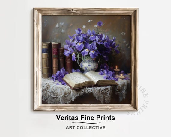 Vintage Irises And Antique Books Elegant Floral Still Life Moody Romantic Wall Art Cottagecore Home Decor Painting