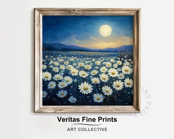 Moonlit Daisy Field Enchanted Floral Landscape Moody Cottagecore Wall Art Dreamy Night Sky Decor Painting
