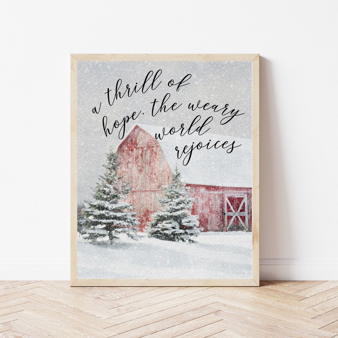 A Thrill Of Hope Snowy Red Barn Christmas Farmhouse Quote Poster