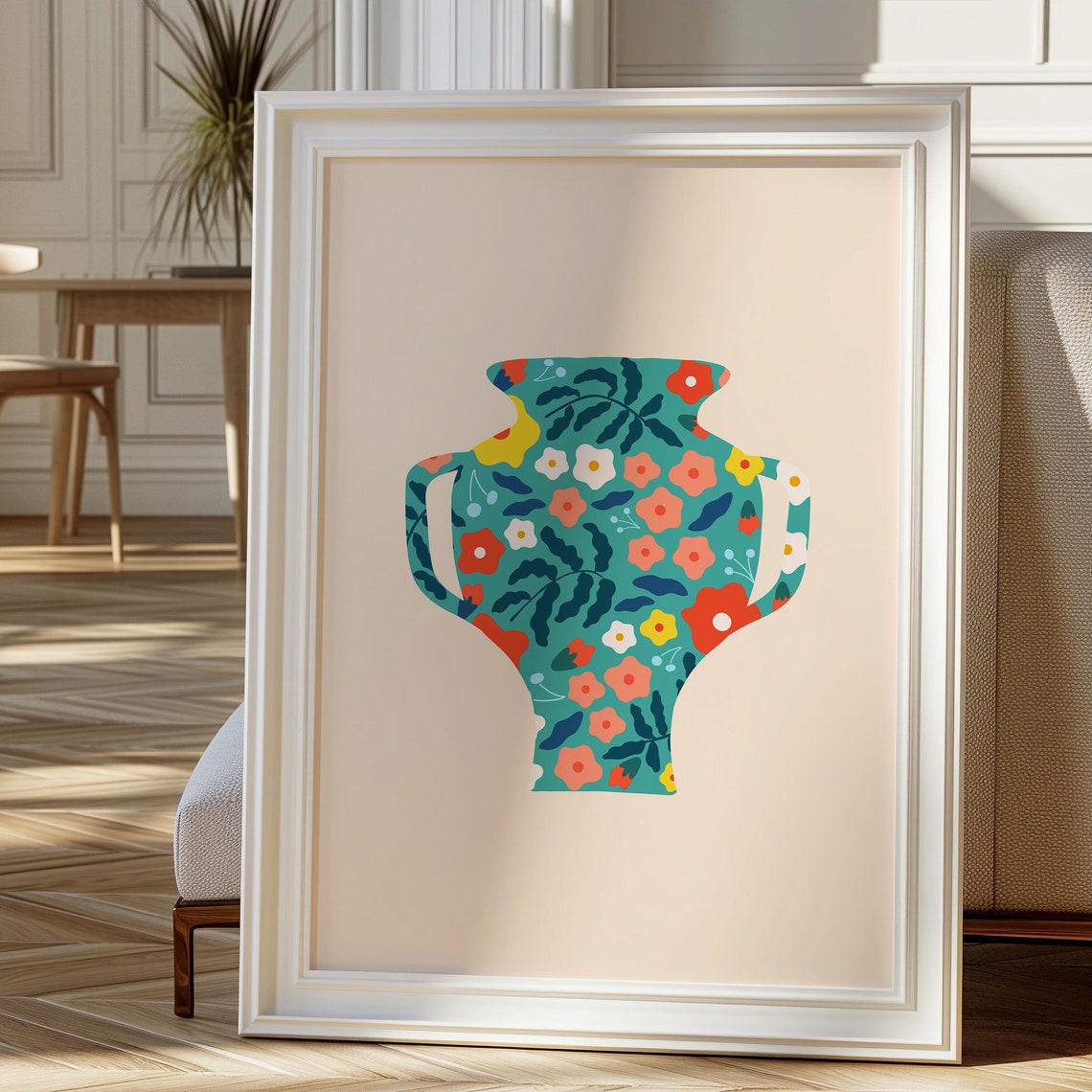 Floral Pattern Teal Vase Retro Botanical Still Life Art Poster