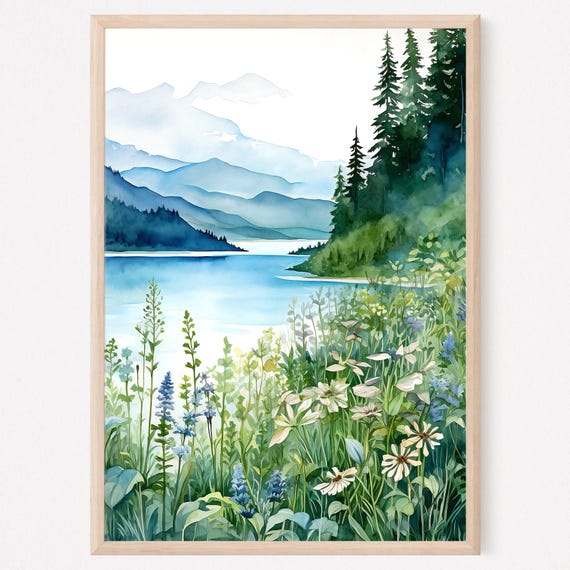 Mountain Lake Serenity Mountain Lake Landscape Watercolor Painting Art Print Home Decor Gift