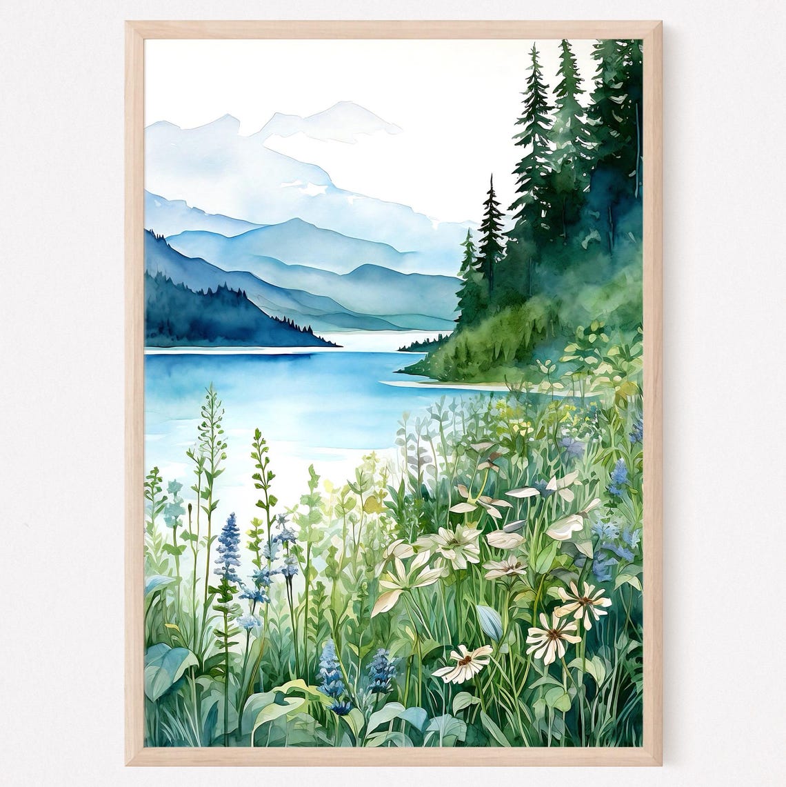 Mountain Lake Watercolor Wildflower Meadow Blue Peaks View Poster