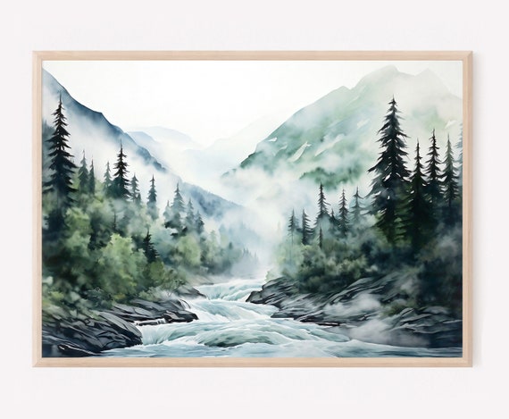 Mountain Landscape Watercolor Neutral Wall Art Panoramic Landscape Minimalist Wall Art Mountains Painting Green Nature Art Print