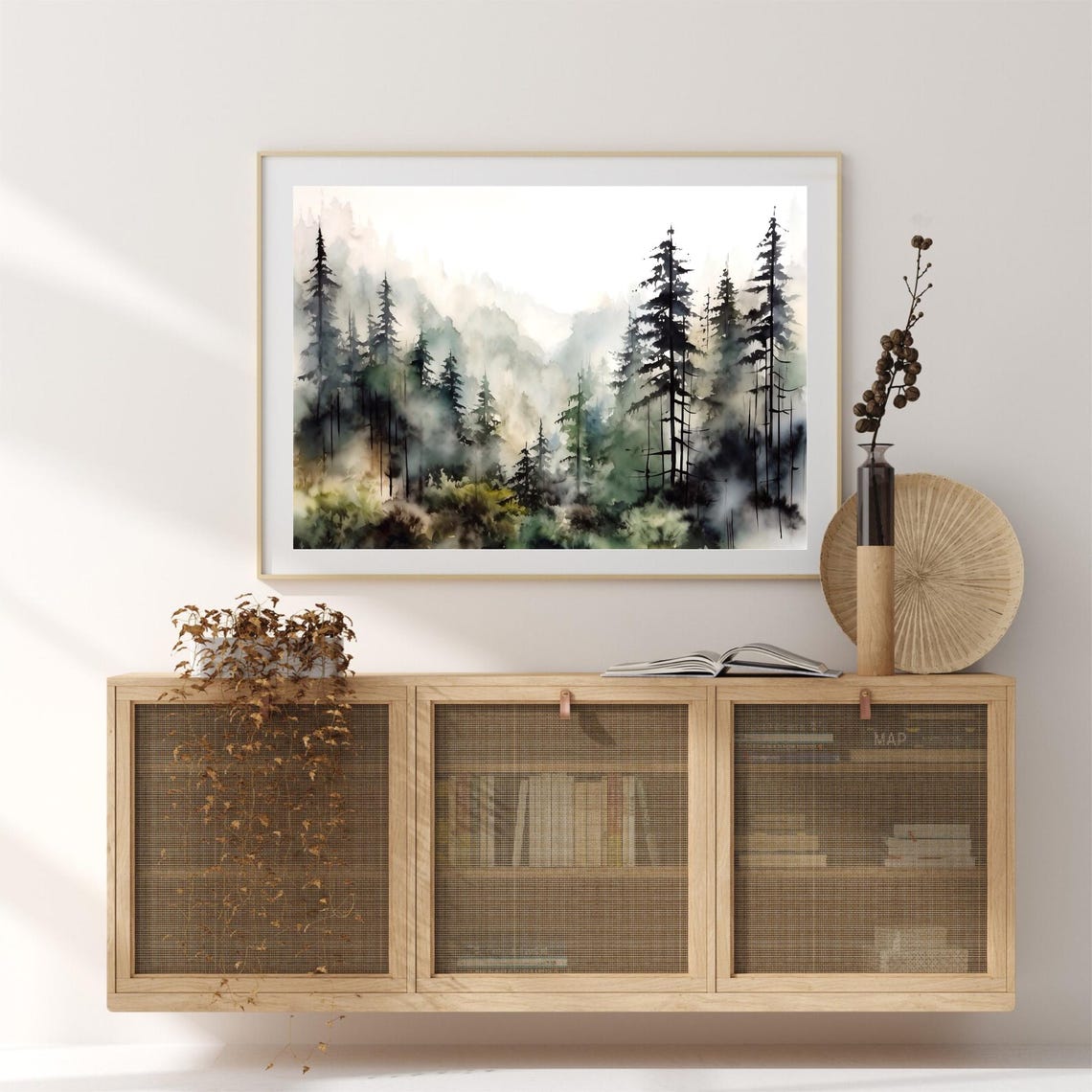 Misty Pine Forest Foggy Trees Watercolor Nature Landscape Wall Art - Image 3